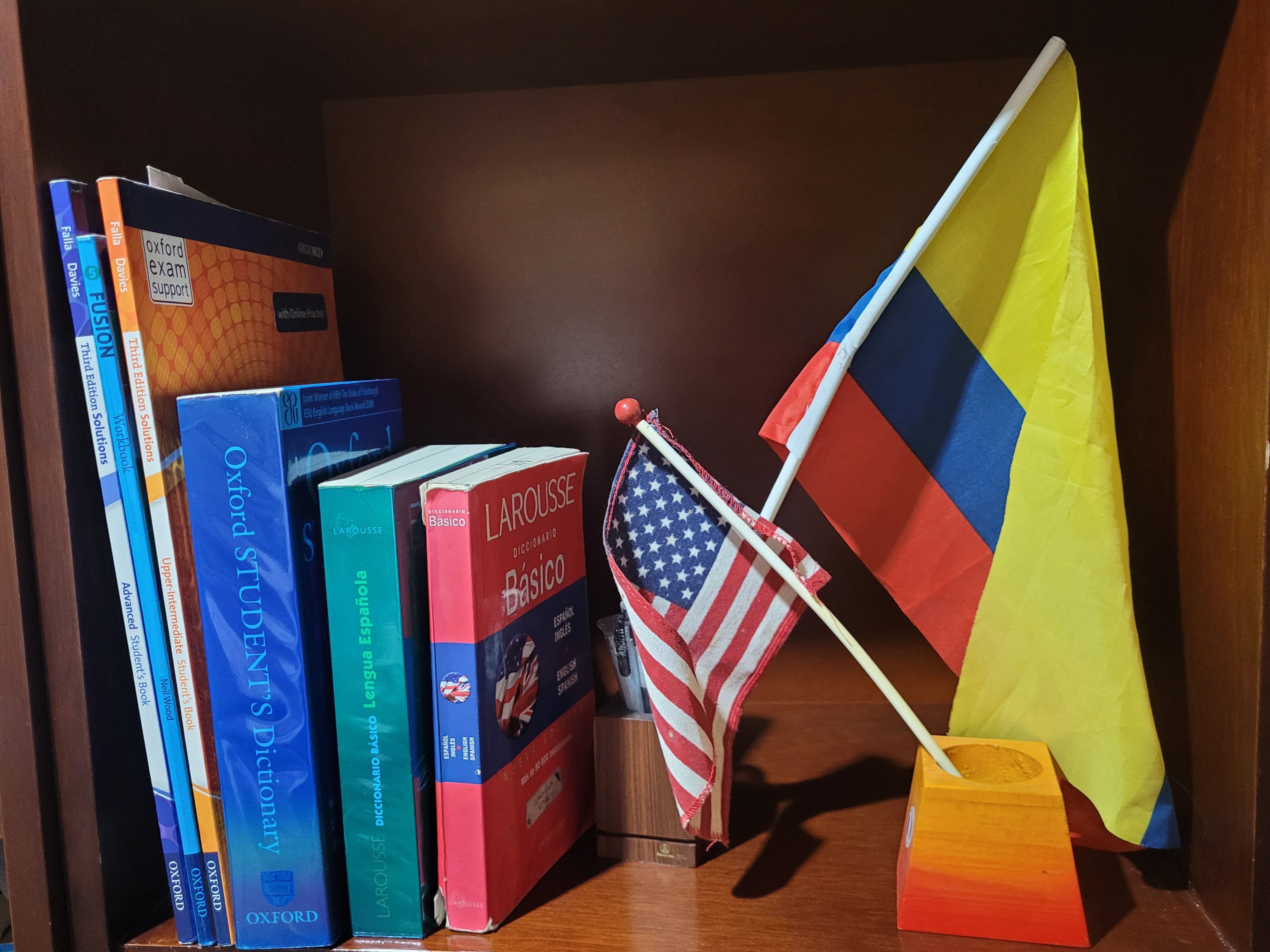 Hay 3 libros de aprendizaje de inglés, 1 diccionario en inglés, 1 de inglés-español y 1 de español