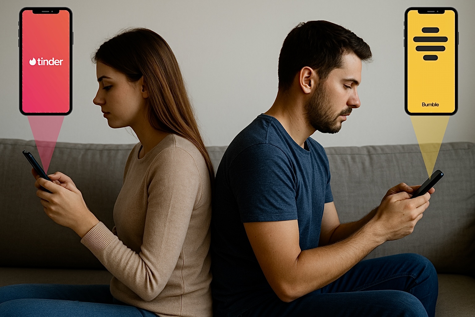 En la imagen se observa a dos personas sentadas una junto a la otra. Cada una sostiene su teléfono, mostrando aplicaciones de citas.