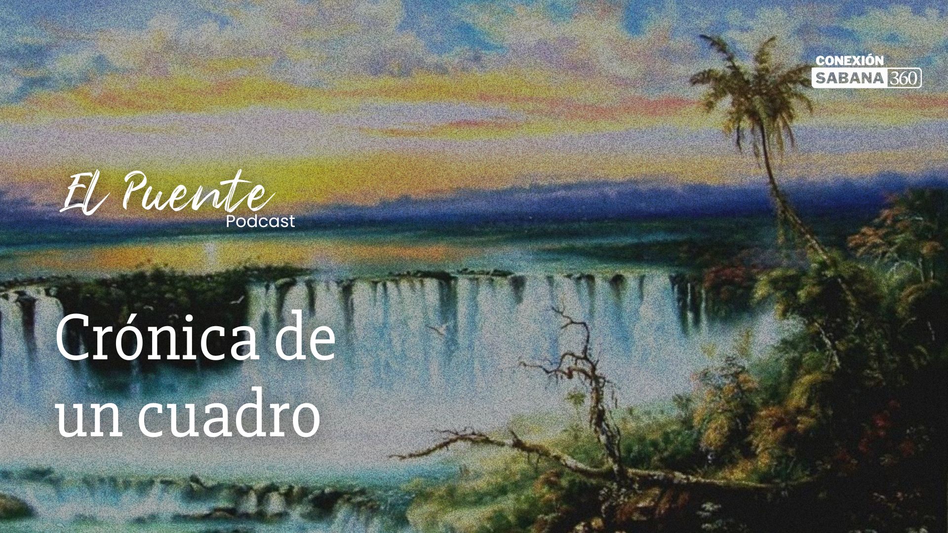 Pintura de un paisaje con atardecer y cascada.