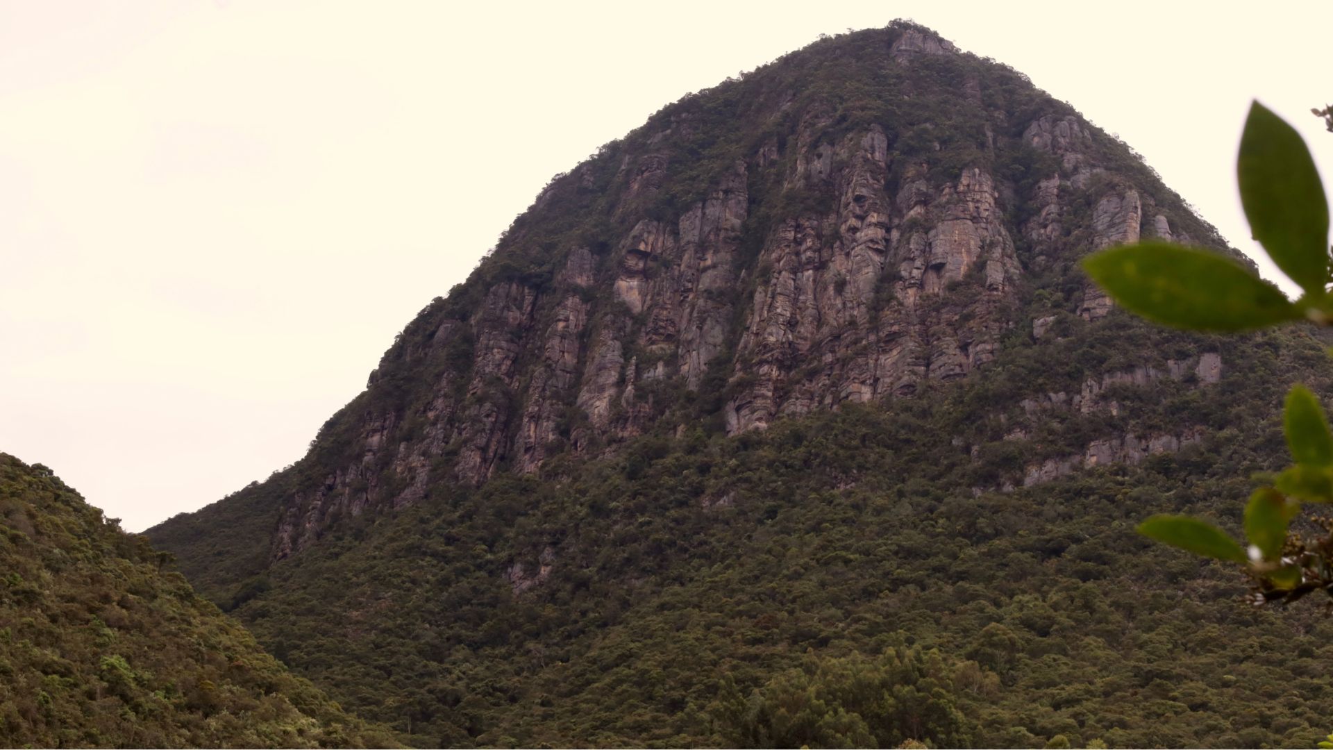 Vista de la Peña de Juaica, una formación rocosa cubierta de vegetación entre los municipios de Tenjo y Tabio, Cundinamarca.