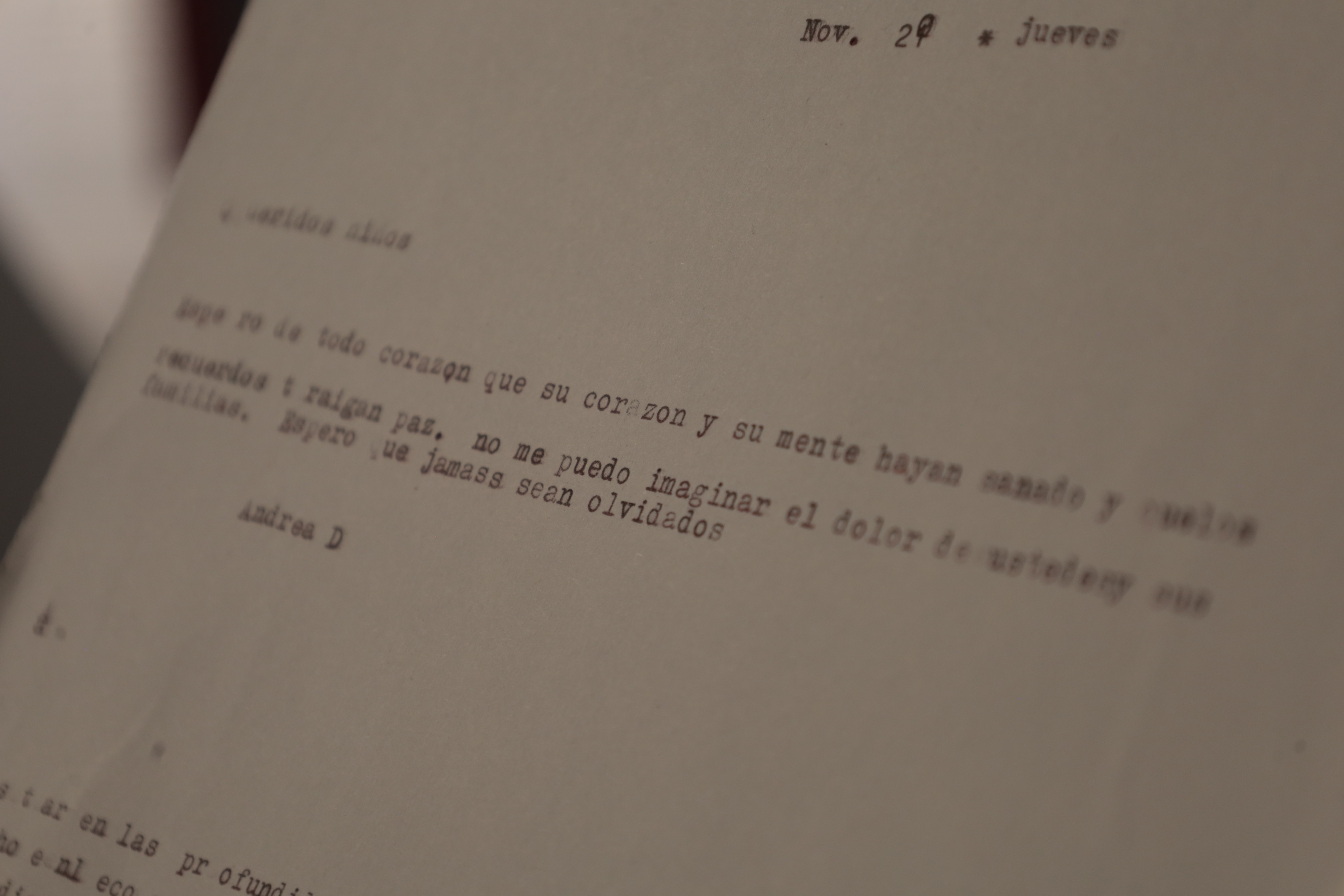 La imagen muestra una hoja de papel mecanografiada con máquina de escribir. El ángulo es cercano y ligeramente inclinado, lo que deja algunas palabras fuera de foco. En la parte superior derecha se lee “Nov. 28 * jueves”. Más abajo aparece un texto que dice "Jamás sean olvidados".