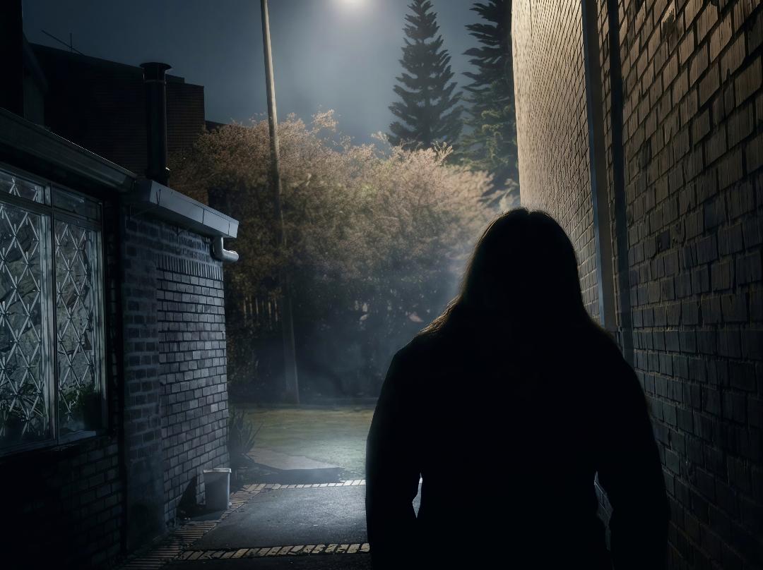 Calle oscura con una mujer caminando sola bajo una luz nocturna